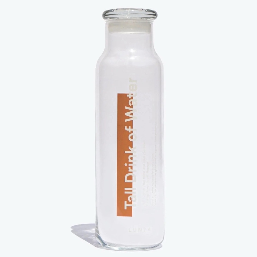 Lunya Glass Nightstand Water Bottle 16 Oz Tall Drink Of Water NEW
